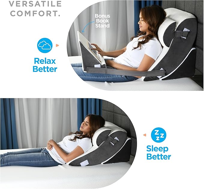 Gleur Bed Wedge Pillow for Sleeping 4 Piece Set - Orthopedic Pillow for Post Surgery includes a Patent Pending Desk Pillow - Adjustable Incline for All Sleeping, Sitting Positions Sofa Couch Cushion - LeafyLoom