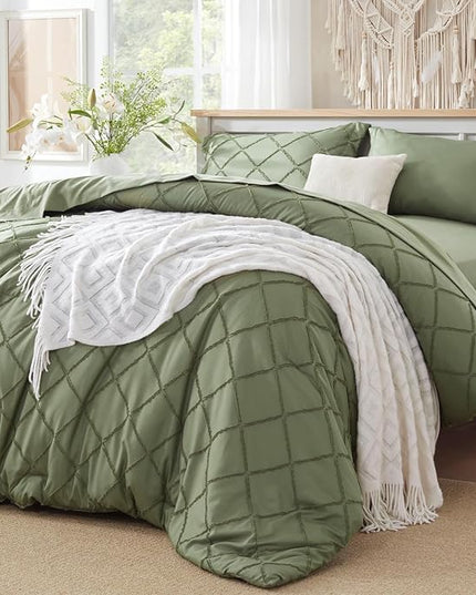 Boho Olive Green Comforter Set with Jacquard Tufted Design,Shabby Chic Bedding Sets for All Seasons,5 Pieces Twin Dorm Bed in a Bag Comforter,Flat Sheet,Fitted Sheet,Pillowcases & Shams - LeafyLoom