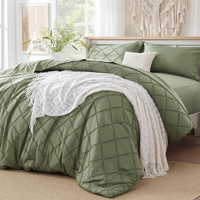 Boho Olive Green Comforter Set with Jacquard Tufted Design,Shabby Chic Bedding Sets for All Seasons,5 Pieces Twin Dorm Bed in a Bag Comforter,Flat Sheet,Fitted Sheet,Pillowcases & Shams - LeafyLoom