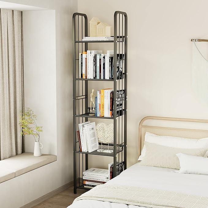 Bookshelf Storage Shelf Bookcase Freestanding Storage Stand for Living Room, Bedroom, Kitchen Rust Resistance Easy Assembly Free Combination Multi-Functional Organizer (5 Tiers, Black) - LeafyLoom