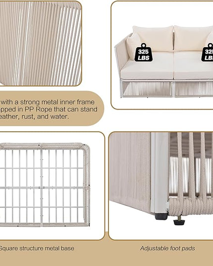 2-Piece Sunbed and Coffee Table, Patio Double Chaise Lounger Loveseat Daybed Outdoor Furniture Set for Backyard Poolside Lawn Balcony, Full, Ac-Beige - LeafyLoom