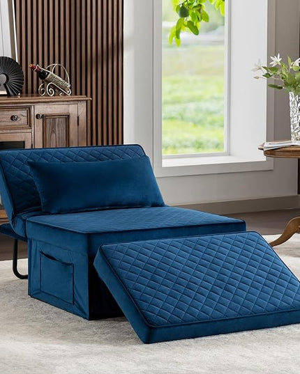 Sofa Bed, 4 in 1 Multi-Function Folding Ottoman Breathable Velvet Couch Bed with Adjustable Backrest Modern Convertible Chair for Living Room Apartment Office,Squared-Blue - LeafyLoom
