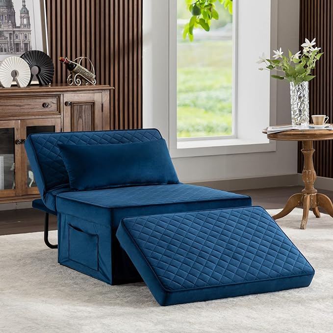 Sofa Bed, 4 in 1 Multi-Function Folding Ottoman Breathable Velvet Couch Bed with Adjustable Backrest Modern Convertible Chair for Living Room Apartment Office,Squared-Blue - LeafyLoom
