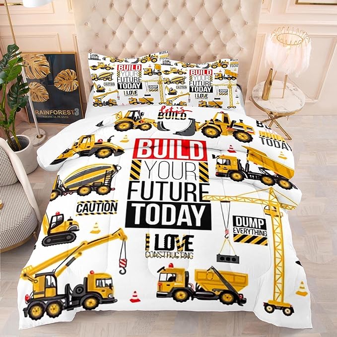 Construction Car Comforter Set Vehicles Truck Cars Twin Bedding Sets for Boys Cars Printed Quilt with Pillowcase for Teen Children Gift Bedroom Game Décor - LeafyLoom