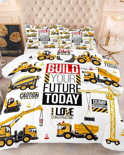 Construction Car Comforter Set Vehicles Truck Cars King Bedding Sets for Boys Cars Printed Quilt with Pillowcase for Teen Children Gift Bedroom Game Décor - LeafyLoom
