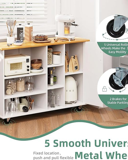 Shintenchi 47”W Kitchen Storage Island Cart with 6 Open Shelves and 1 Cabinet, Portable Trolley Cart with Wood Work Top and Handle/Towel Rack, White - LeafyLoom