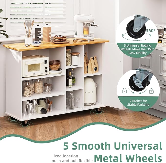 Shintenchi 47”W Kitchen Storage Island Cart with 6 Open Shelves and 1 Cabinet, Portable Trolley Cart with Wood Work Top and Handle/Towel Rack, White - LeafyLoom