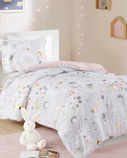 Mi Zone Kids Twin Comforter Set, Celestial Metallic Comforter Set Starry Sky, Moon & Sun Comforters, All Seasons Lightweight & Fluffy Comforter Bed Set, 1 Sham, Celia, Twin, Blush/Gold 3 Piece - LeafyLoom