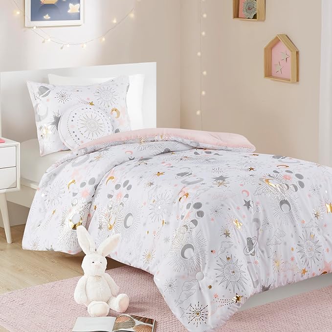 Mi Zone Kids Twin Comforter Set, Celestial Metallic Comforter Set Starry Sky, Moon & Sun Comforters, All Seasons Lightweight & Fluffy Comforter Bed Set, 1 Sham, Celia, Twin, Blush/Gold 3 Piece - LeafyLoom