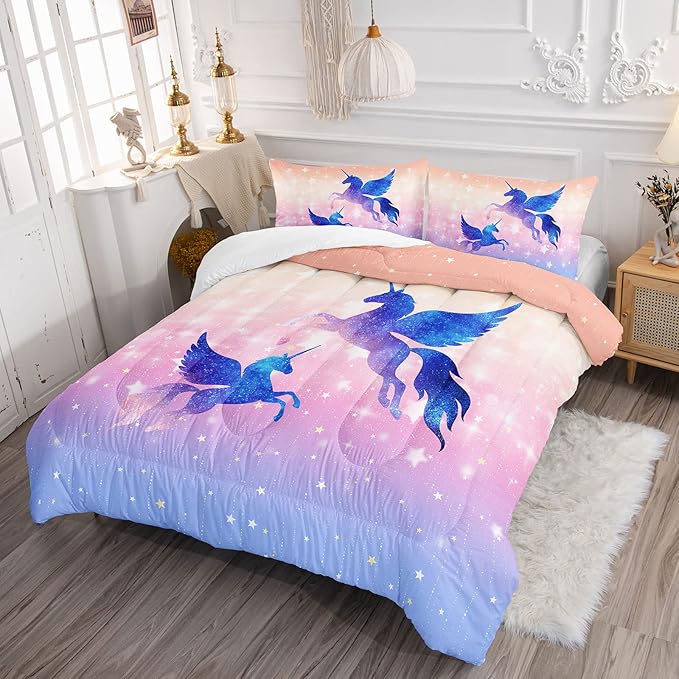 Datura home Bedding Comforter Set Starry Sky Unicorn Printed Pattern Quilt with 1 and 2 Pillowcases for Girls Bedroom All Season(Purple Twin) Twin 68x86inches - LeafyLoom