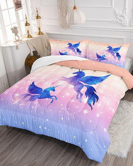 Datura home Bedding Comforter Set Starry Sky Unicorn Printed Pattern Quilt with 1 and 2 Pillowcases for Girls Bedroom All Season(Purple Queen) Queen 90x90inches - LeafyLoom
