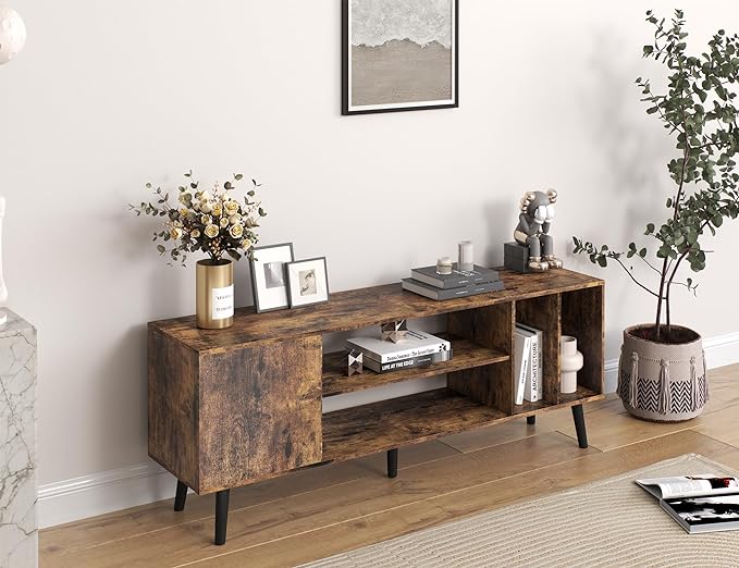 Yusong TV Stand for 55/65 inch TV, Mid Century Modern TV Console Table, Media Entertainment Center with Storage for Living Room Bedroom, Wood TV Cabinet, Rustic Brown - LeafyLoom