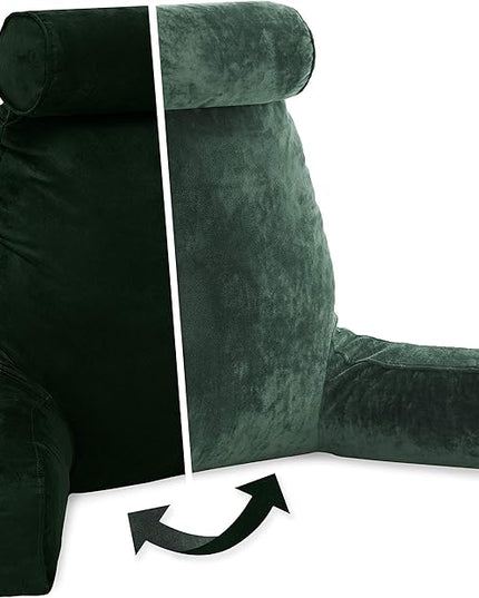 Husband Pillow XXL Cover Aspen Edition Ramona Green, Reversible Microfiber to Microsuede, Side & Back Pockets - Handle for Easy Transport - Super Cozy Bed Rest Pillow Cover with Arms - Easy Care - LeafyLoom