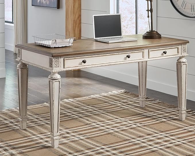 Signature Design by Ashley Realyn Farmhouse 60" Home Office Desk with USB Charging, Chipped White - LeafyLoom