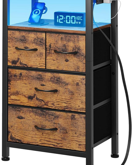 Furnulem 4 Drawer Night Stand with Charging Station, Small Dresser with Led Light, 33 Inch Bedside Table with Wood Shelf and Fabric Bins, Tall Nightstand for Entryway, Bedroom Furniture, Rustic Brown - LeafyLoom