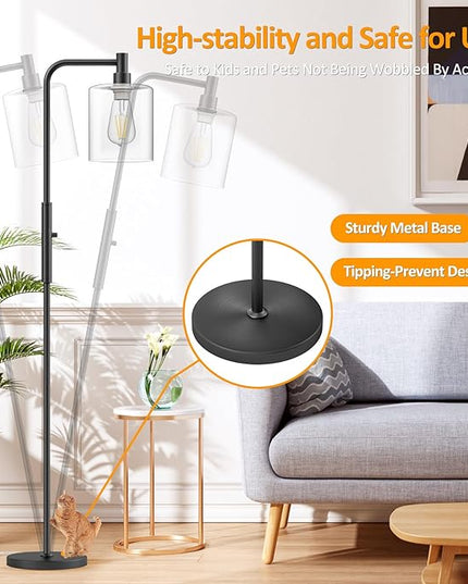 Stepless Dimmable Floor Lamps with Glass Lampshade Modern Standing Lamps with 6W LED Bulb Bright Corner Lamp Tall Pole Lamps for Living Room Bedroom Office Study Room Farmhouse, Black - LeafyLoom