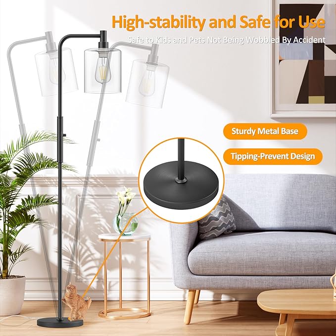 Stepless Dimmable Floor Lamps with Glass Lampshade Modern Standing Lamps with 6W LED Bulb Bright Corner Lamp Tall Pole Lamps for Living Room Bedroom Office Study Room Farmhouse, Black - LeafyLoom