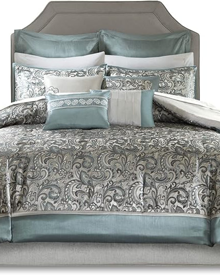 Madison Park 24 Piece Faux Silk Paisley Queen Comforter Set with Matching Curtains, Down Alternative Hypoallergenic - Teal - LeafyLoom