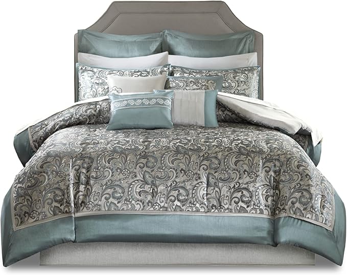 Madison Park 24 Piece Faux Silk Paisley Queen Comforter Set with Matching Curtains, Down Alternative Hypoallergenic - Teal - LeafyLoom