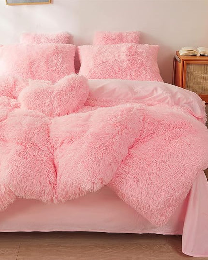 Fluffy comforters Cover twin size - Ultra Soft Plush pink bedding Sets 2 Pieces (1 faux fur comforter Cover + 1 fuzzy pillow case) girls shaggy Pink twin bed set (Light Pink, Twin) - LeafyLoom