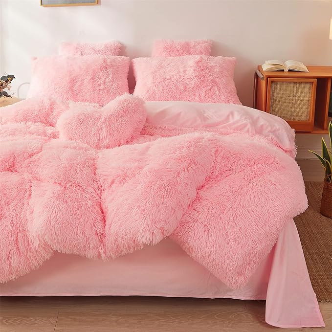 Fluffy comforters Cover twin size - Ultra Soft Plush pink bedding Sets 2 Pieces (1 faux fur comforter Cover + 1 fuzzy pillow case) girls shaggy Pink twin bed set (Light Pink, Twin) - LeafyLoom