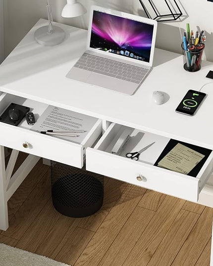 ChooChoo Computer Desk with USB Charging Ports and Power Outlets, 39" White Desk with Drawers, Small Study Writing Table with Stable X Frame for Home Office - LeafyLoom