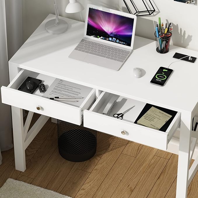 ChooChoo Computer Desk with USB Charging Ports and Power Outlets, 39" White Desk with Drawers, Small Study Writing Table with Stable X Frame for Home Office - LeafyLoom