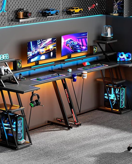 L Shaped Gaming Desk with LED Lights & Power Outlet, 47 Inch Computer Desk with Extra Storage Shelves, Reversible Gamer Workstations with Monitor Stand for Bedroom, Carbon Fiber Black - LeafyLoom