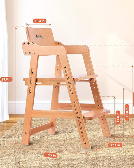 Ezebaby Wooden High Chair, Adjustable Highchair for Toddlers to Teens with Steps, Kids Dining Chair, Study Chair with Removable Cushion (Natural Color) - LeafyLoom