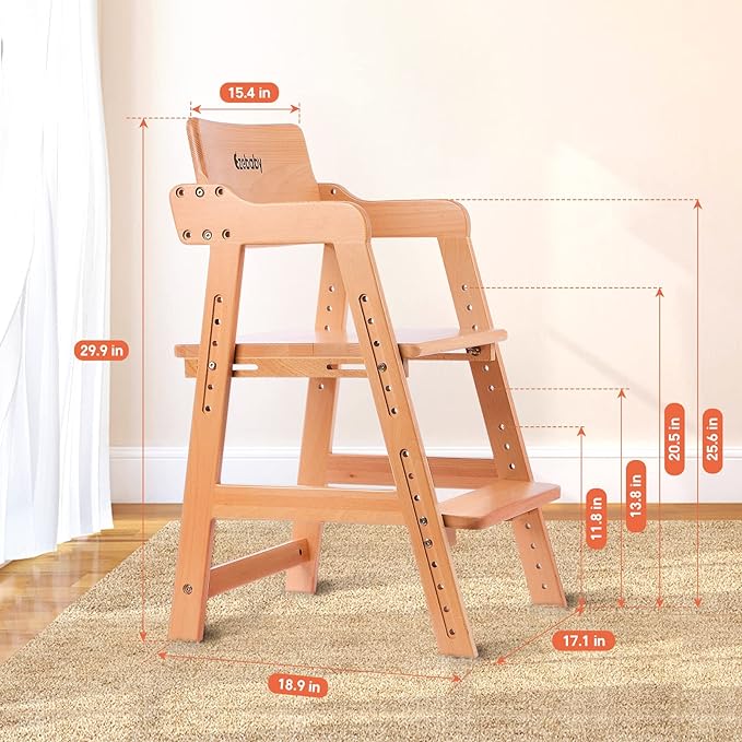 Ezebaby Wooden High Chair, Adjustable Highchair for Toddlers to Teens with Steps, Kids Dining Chair, Study Chair with Removable Cushion (Natural Color) - LeafyLoom