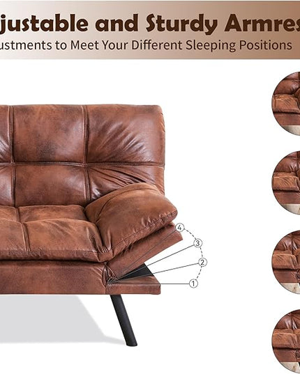 Futon Sofa Bed, Memory Foam Futon Sleeper Sofa Loveseat Convertible Couch Bed for Small Compact Living Spaces,Apartment,Brown Leather - LeafyLoom