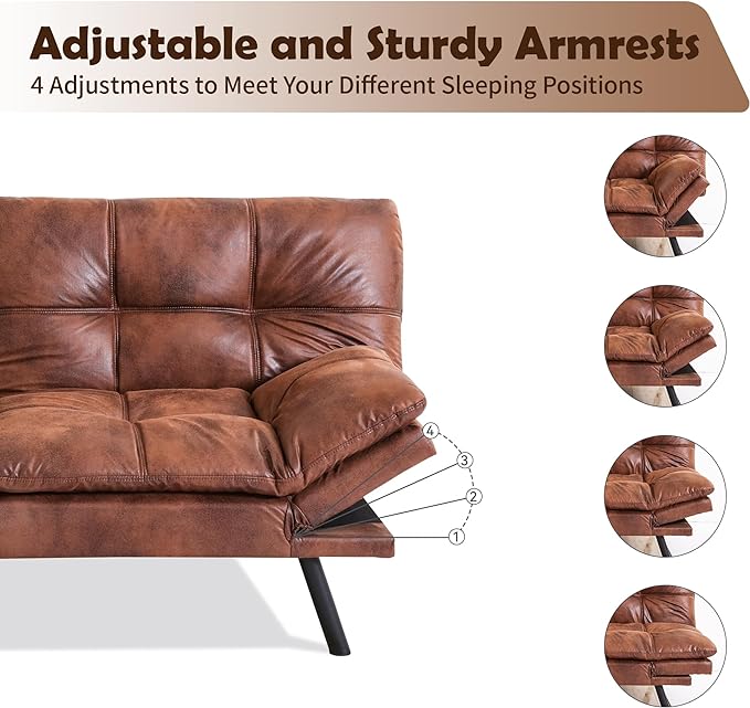 Futon Sofa Bed, Memory Foam Futon Sleeper Sofa Loveseat Convertible Couch Bed for Small Compact Living Spaces,Apartment,Brown Leather - LeafyLoom