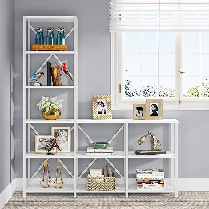 Tribesigns 9 Shelves Bookshelves, Industrial Ladder Corner Etagere Bookcase, Rustic 6-tier Display Open Shelf Storage Organizer for Living Room (White) - LeafyLoom