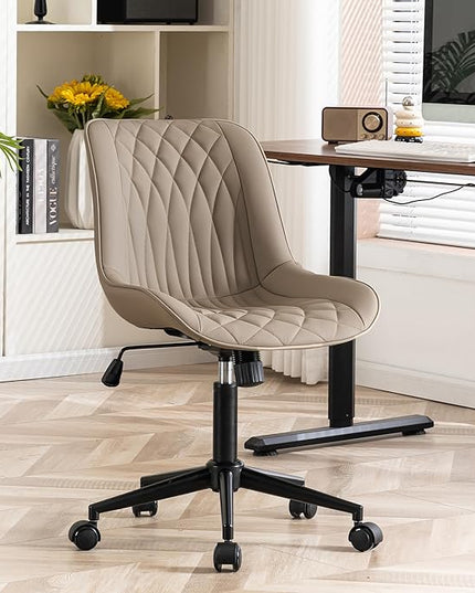 YOUNIKE Armless Office Chair Leather Desk Chair with Wheels Swivel Rolling Task Chair with Back Upholstered Computer Chair Height Adjustable Modern Ergonomic Wide Seat Khaki - LeafyLoom