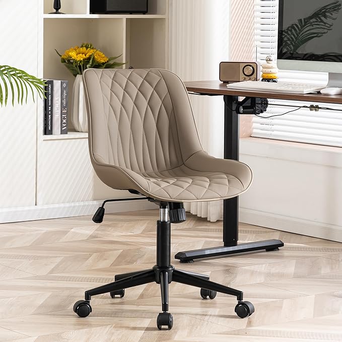 YOUNIKE Armless Office Chair Leather Desk Chair with Wheels Swivel Rolling Task Chair with Back Upholstered Computer Chair Height Adjustable Modern Ergonomic Wide Seat Khaki - LeafyLoom