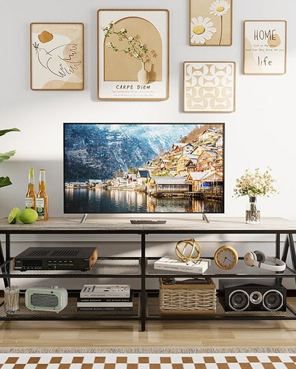TV Stand for 65 70 Inch TV, Long 63" Entertainment Center 3-Tier TV Console Steel Frame Industrial Style TV Cabinet with Metal Frame for Living Room, Gray - LeafyLoom
