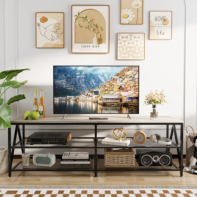 TV Stand for 65 70 Inch TV, Long 63" Entertainment Center 3-Tier TV Console Steel Frame Industrial Style TV Cabinet with Metal Frame for Living Room, Gray - LeafyLoom