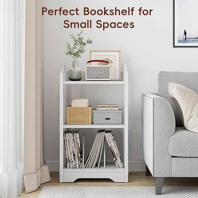 Vagusicc 3 Tier Bookshelf, Small Book Shelf Industrial Bookshelf, Wood Short Book Shelf Office Shelves with Metal Frame, White Open Shelf Storage Organizer Bookcase for Living Room Bedroom, White - LeafyLoom
