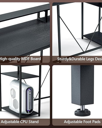 L Shaped Desk with Monitor Stand & Hutch, Computer Gaming Desk with LED Lights & Power Outlets, Home Office Coner Desk with Adjustable Storage Shelves, Black - LeafyLoom