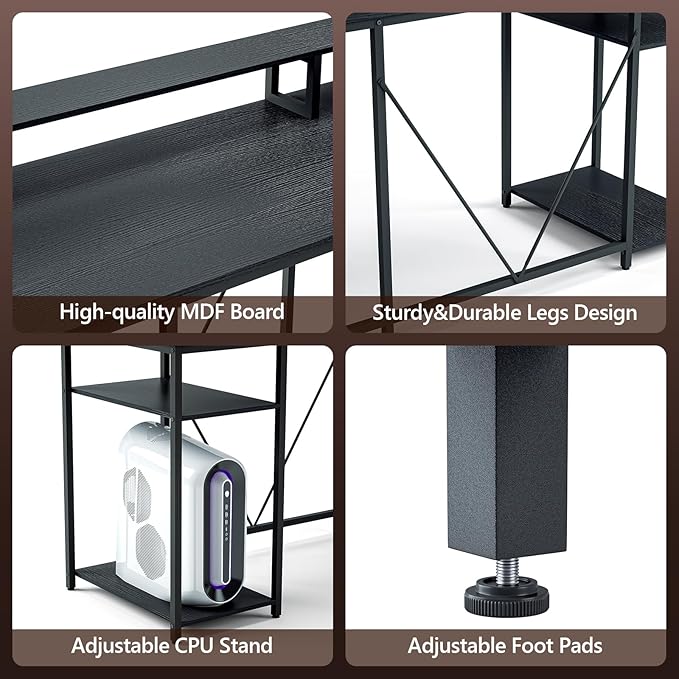 L Shaped Desk with Monitor Stand & Hutch, Computer Gaming Desk with LED Lights & Power Outlets, Home Office Coner Desk with Adjustable Storage Shelves, Black - LeafyLoom
