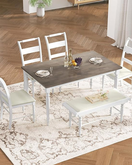 Dining Table Set for 6, 6-Piece Dining Table and Chair Set with Turned Legs,Upholstered Dining Chairs and Bench, Dining Room Table Set for Living Room, White - LeafyLoom