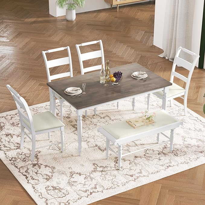 Dining Table Set for 6, 6-Piece Dining Table and Chair Set with Turned Legs,Upholstered Dining Chairs and Bench, Dining Room Table Set for Living Room, White - LeafyLoom