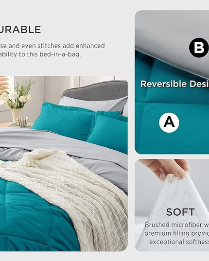 Bedsure Teal California King Size Comforter Set - 7 Pieces Reversible California King Bed in a Bag King Bed Set with Comforters, Sheets, Pillowcases & Shams, California King Bedding Sets - LeafyLoom
