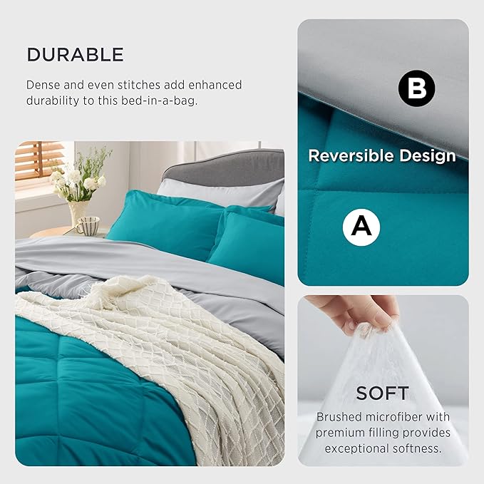 Bedsure Teal California King Size Comforter Set - 7 Pieces Reversible California King Bed in a Bag King Bed Set with Comforters, Sheets, Pillowcases & Shams, California King Bedding Sets - LeafyLoom