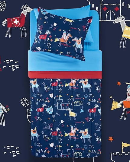 SLEEP ZONE 7 Pieces Kids Comforter Bed in A Bag, Soft Lightweight, Fluffy & Durable Children Bed Set with Comforter, Sheet, Pillowcase & Sham (Knight‘s Tale, Full/Queen) - LeafyLoom