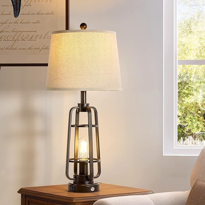 28.7" Farmhouse Table Lamps for Living Room Set of 2, 3-Way Dimmable Touch Lamps with USB A+C Ports, Rustic Industrial Nightstand Lamps for Bedroom, Bulbs Included - LeafyLoom