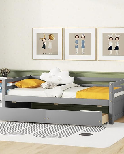 Bellemave Daybed with Two Storage Drawers Wood Day Bed, Sofa Bed Frame with Storage Drawers Daybed Couch with Storage Bed for Living Room Bedroom （Gray） - LeafyLoom