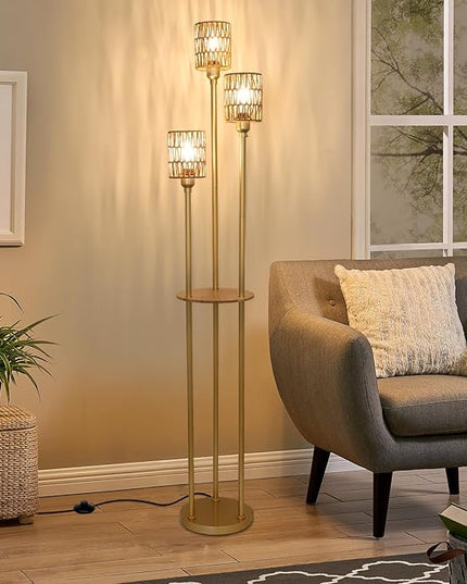 Boho Floor Lamp with Shelves, 3-Lights Farmhouse Tall Floor Lamp with ON/OFF Foot Switch, Gold Modern Floor Lamps with Rattan Shades, Rustic Standing Lamp for Living Room, Bedroom, Office - LeafyLoom