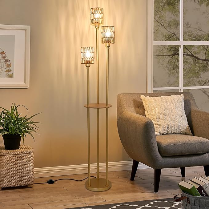 Boho Floor Lamp with Shelves, 3-Lights Farmhouse Tall Floor Lamp with ON/OFF Foot Switch, Gold Modern Floor Lamps with Rattan Shades, Rustic Standing Lamp for Living Room, Bedroom, Office - LeafyLoom