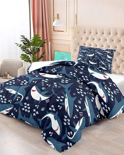Shark Twin Comforter Set for Boys - 2Pcs Boys Sharks Bedding Set Twin Size Shark Print Comforter Set for Kids Boys Sea Animals Pattern Bedding Set for Bedroom, 1 Comforter with 1 Pillowcases - LeafyLoom